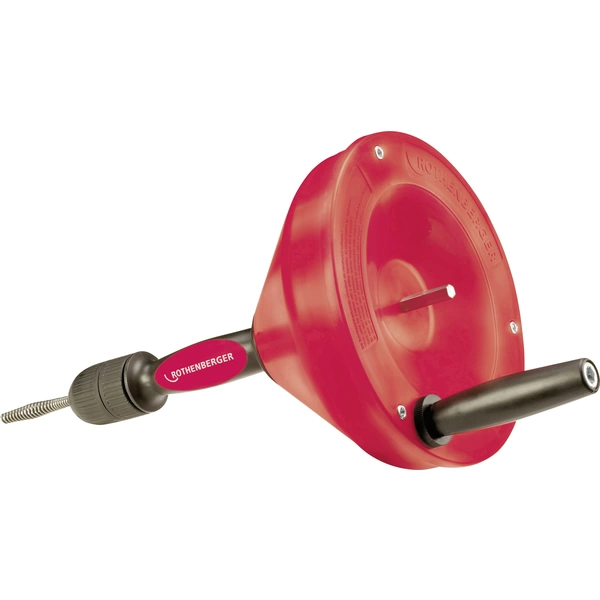 Eine rote Hand-Rohrreinigungs-Spirale von Rothenberger mit Griff und Kurbel, verwendet zur Reinigung von Rohren.